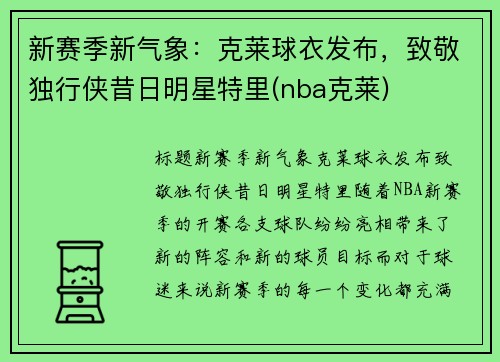 新赛季新气象：克莱球衣发布，致敬独行侠昔日明星特里(nba克莱)
